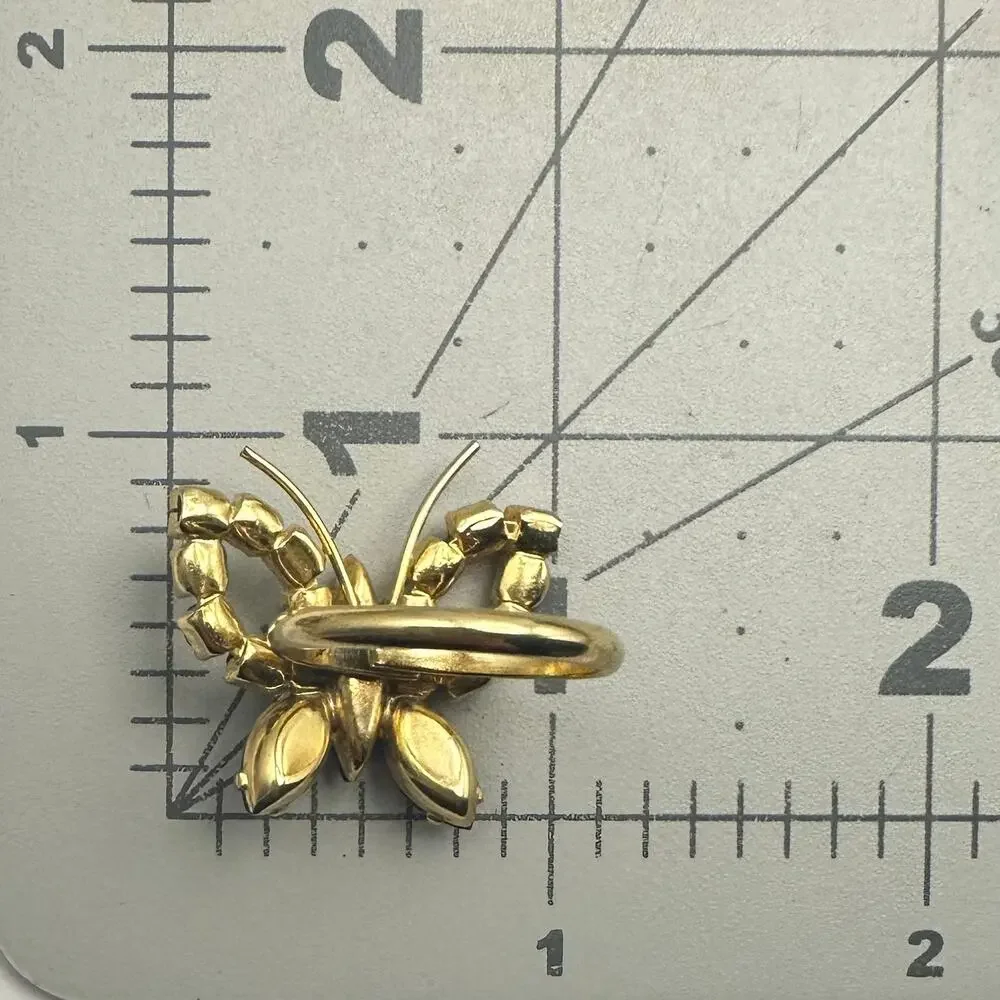 Vintage 1950s gold tone blue rhinestones butterfly adjustable cocktail ring